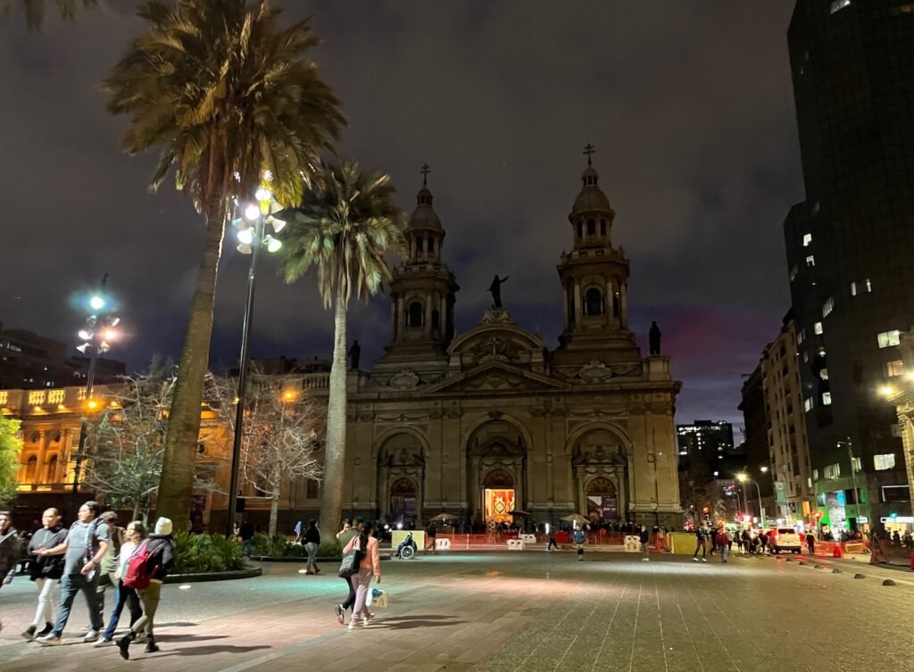 The historic center of Santiago at night